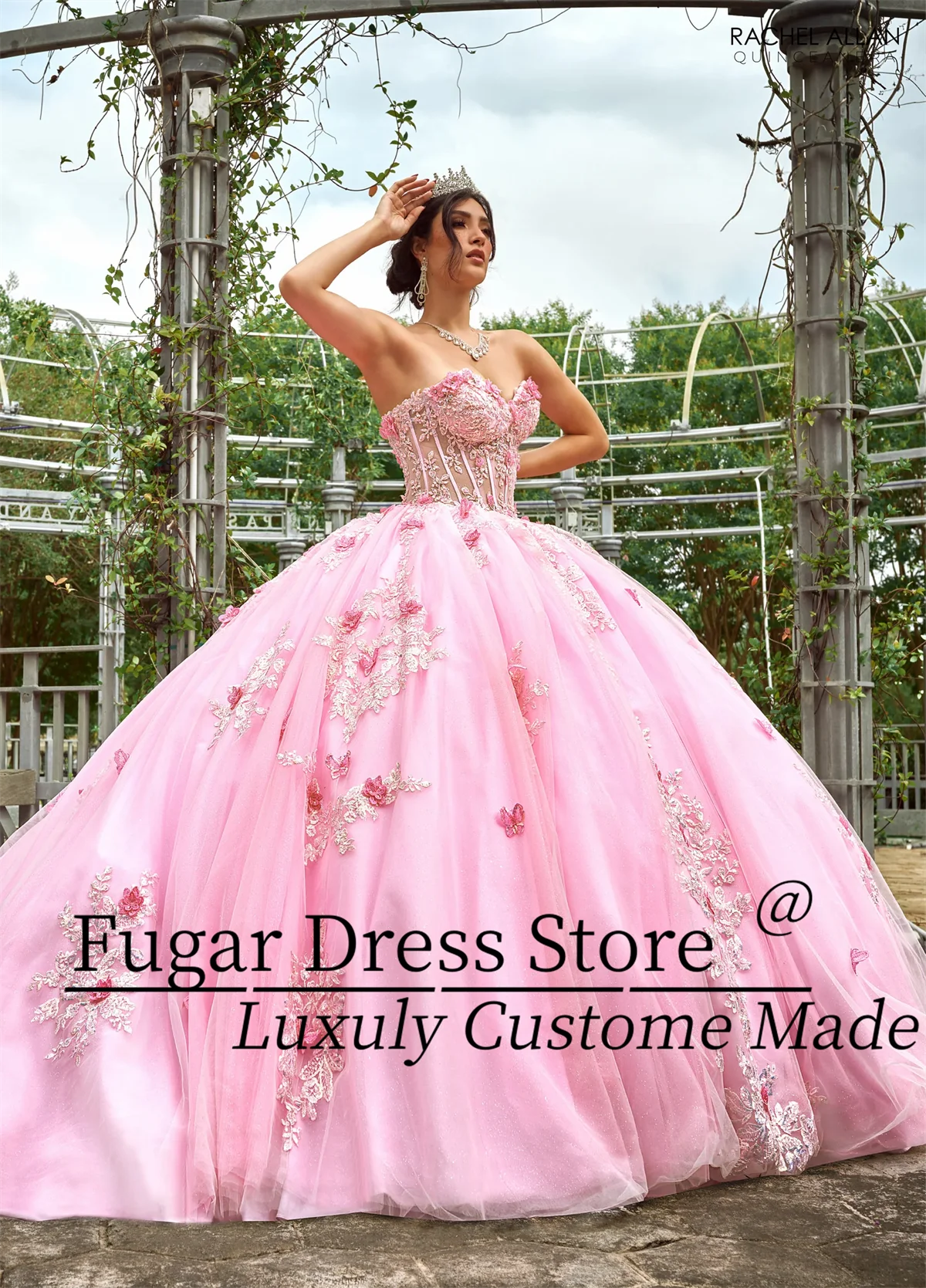 Pink Quinceañera Dresses Embroidered applique strapless shawl Beads and exquisite 3D flowers Birthday Party For15th GirlsPin