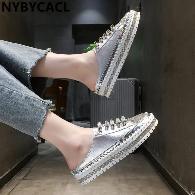 Crystals Round Toe Leather Flats Shoes Women Silver Bling Loafers Couple Platform Shoes Woman Flat With Students Size 41 42 43