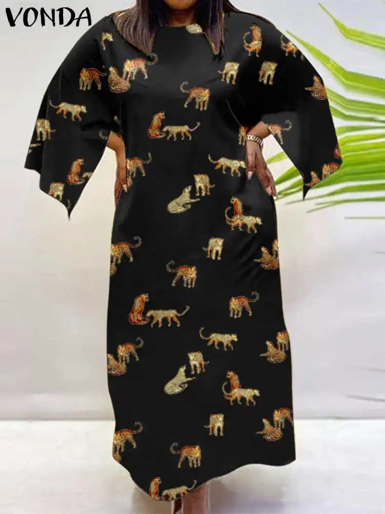 

Summer Vintage Tiger Printed Long Dress 2022 VONDA Women Casual Maxi Vestidos Baggy 3/4 Sleeve Bohemian Holiday Party Sundress