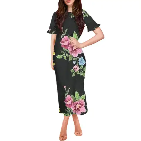 Black Women's Dress Elegant Women's Dress 2022 Fashion Beauty Flower Print Long Dress O-neck Short Sleeve Clothing