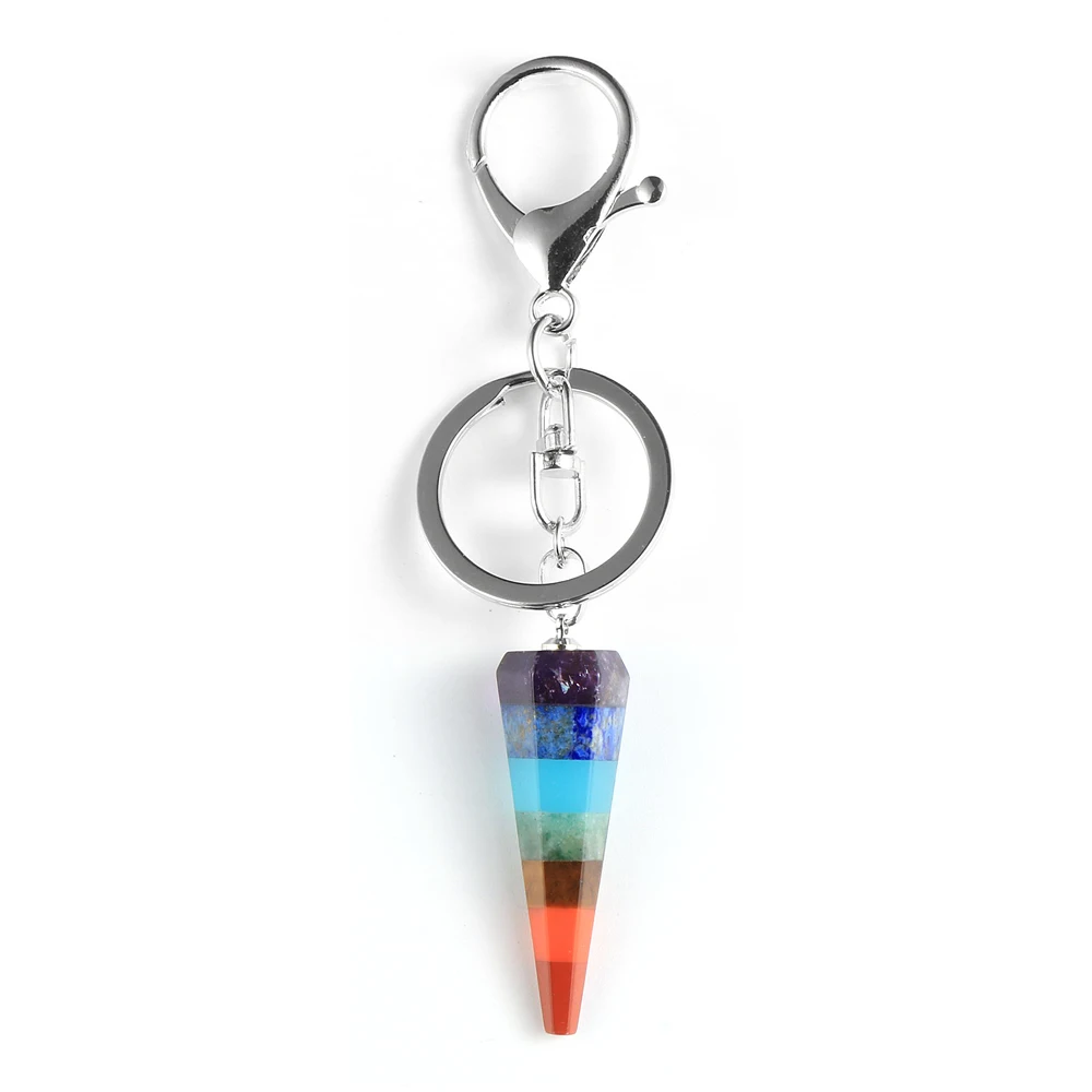 

Reiki Healing Colorful Natural Stone Pendant Keychain Men Women 7 Chakra Bullet Column Pendant Car Key Chain Ring Holder