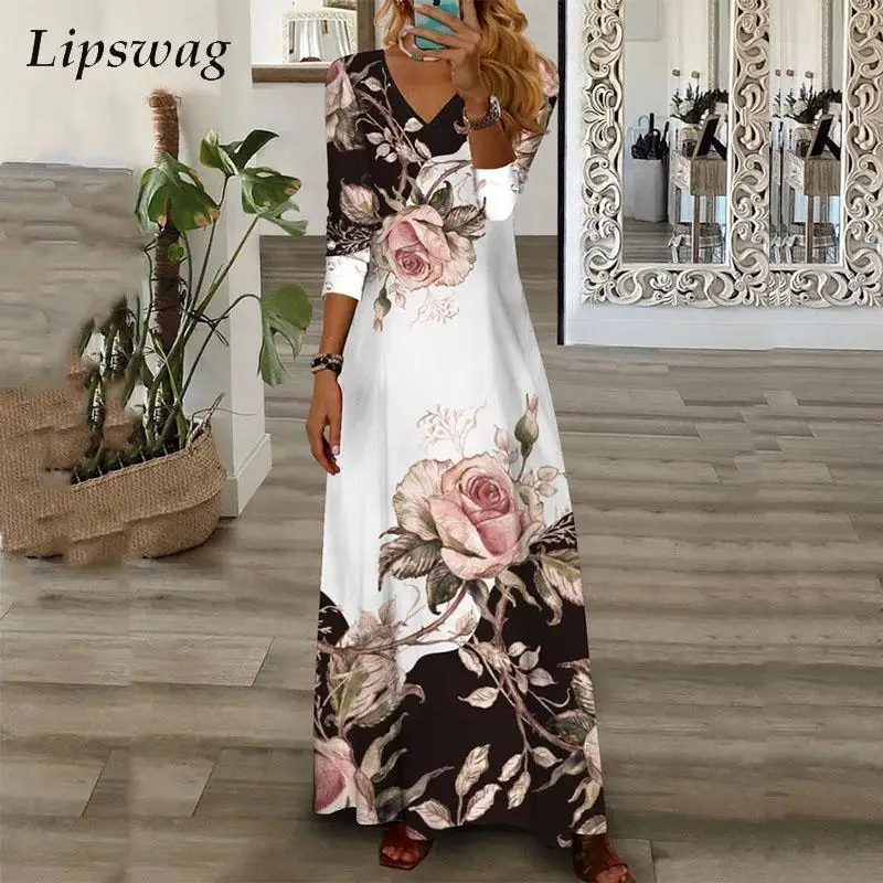 

Женское винтажное длинное платье с цветочным принтом, повседневное свободное платье-пуловер с подолом, новое элегантное платье с V-образным вырезом