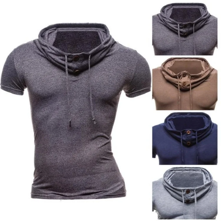 

New Summer Men's Short Sleeve T-shirt Solid Color Pile Neck Hooded Shirt Large Pullover Shirt