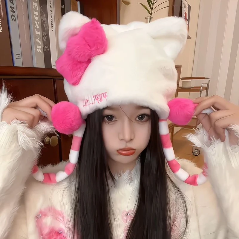 Y2K Hello Kitty плюшевая шапка с рисунком Санрио аниме милая кавайная студенческая