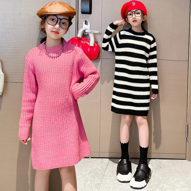 

Girls Knitted Dress Autumn Winter Mid-length Sweater Dresses for Kids O-neck Striped Casual Straight Dress Teen Children Clothes