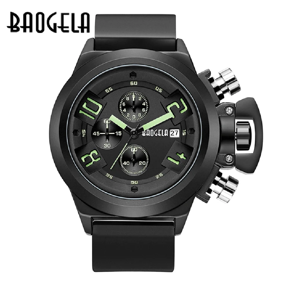

Часы с хронографом BAOGELA, роскошные Светящиеся Силиконовые кварцевые наручные часы, военные спортивные наручные часы для мужчин 1606