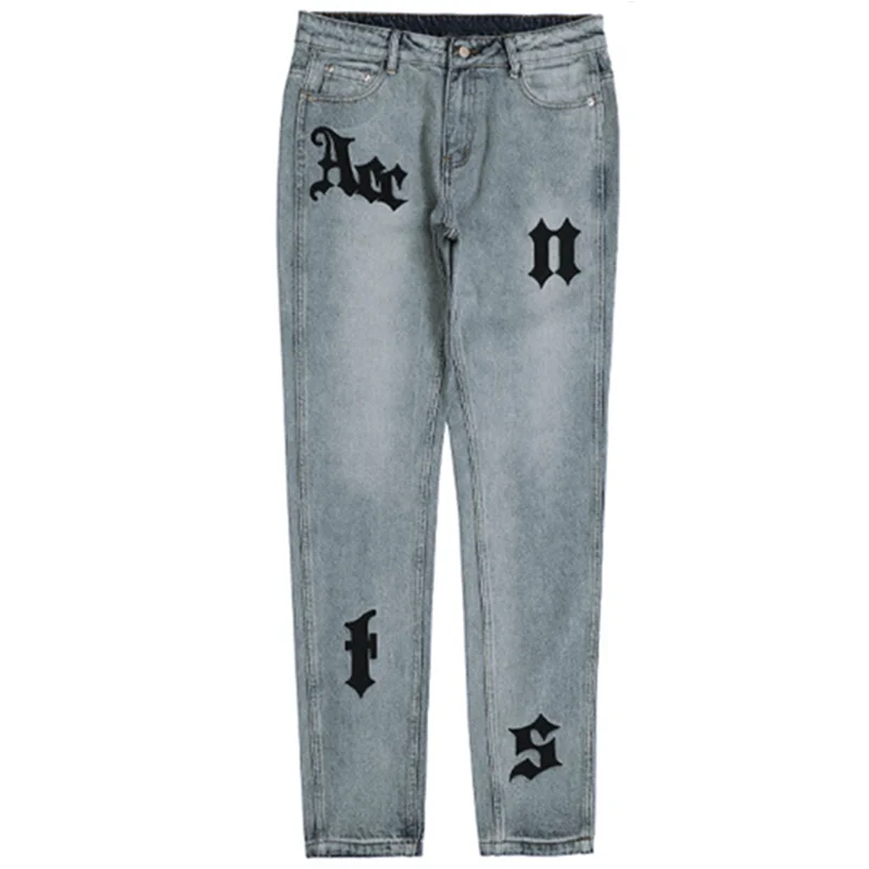 Streetwear Men 2022 Autumn and Winter New Applique Pattern Self-cultivation Blue Pencil Pants Vintage Recreational Jeans Female