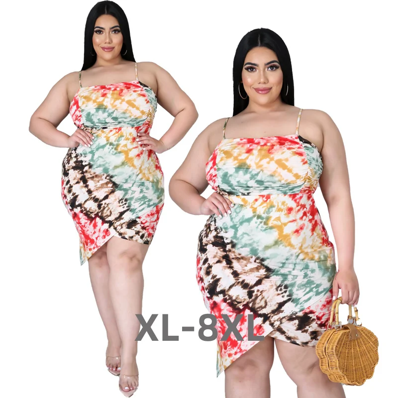 Plus Size Fashion Printed Summer Dresses for Women 2023 Irregular Hem Halter Mini Dress Clubwear Wholesa 3xl 4xl 5xl 6xl