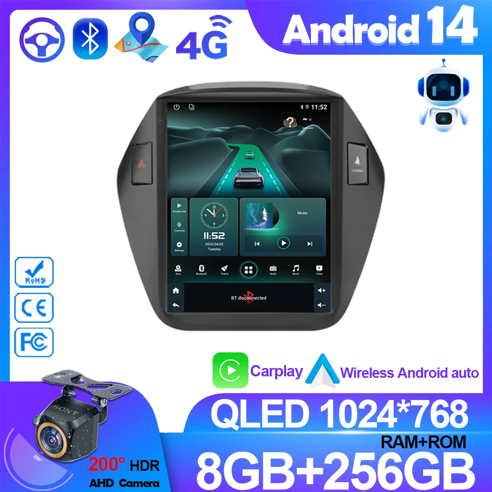 Автомобильный радиоприемник Android 14 беспроводной Carplay для Hyundai lX35 Tucson 2009-2015 9 7 &quot