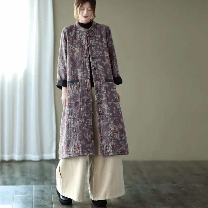 

2020 Chinese Style Trench Coats Winter Windbreakers Long Jackets For Women Cotton Robe Vintage Femme Han Chinese Clothing 11712