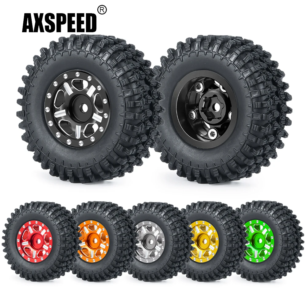 AXSPEED 4Pcs Micro 1.0inch Metal Beadlock Wheel Rims Hubs Rubber Tires Set for Axial SCX24 1/24 RC Crawler Car Truck Parts