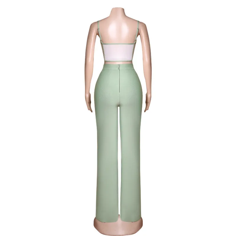 New Spliced Camis Top Green High Waist Slit Wide Leg Pants Sexy Women's Two Piece Set Bandage Knitted Matching Outfits Party enlarge