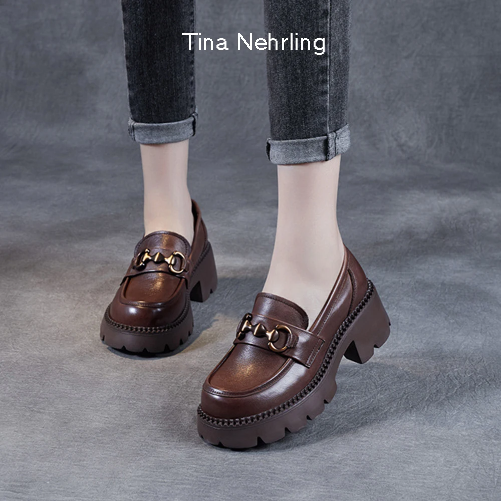

TinaNehrling Spring Summer Leather Lefu 6.0cm Sole Women's Metal Buckle Single Shoes High Soled Small Leather Shoes