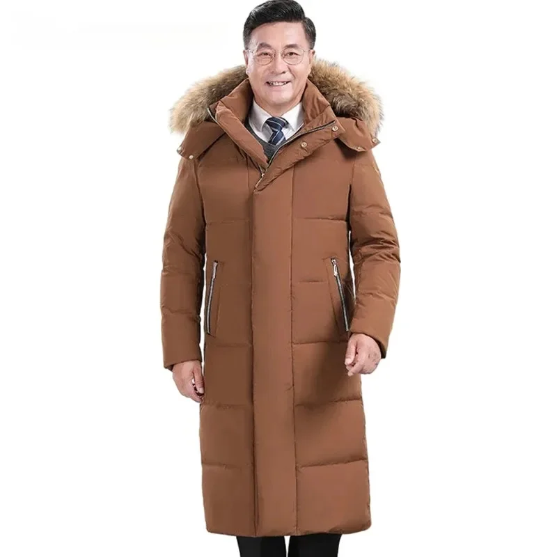 

Длинная зимняя мужская пуховая куртка выше колена с мехом и капюшоном