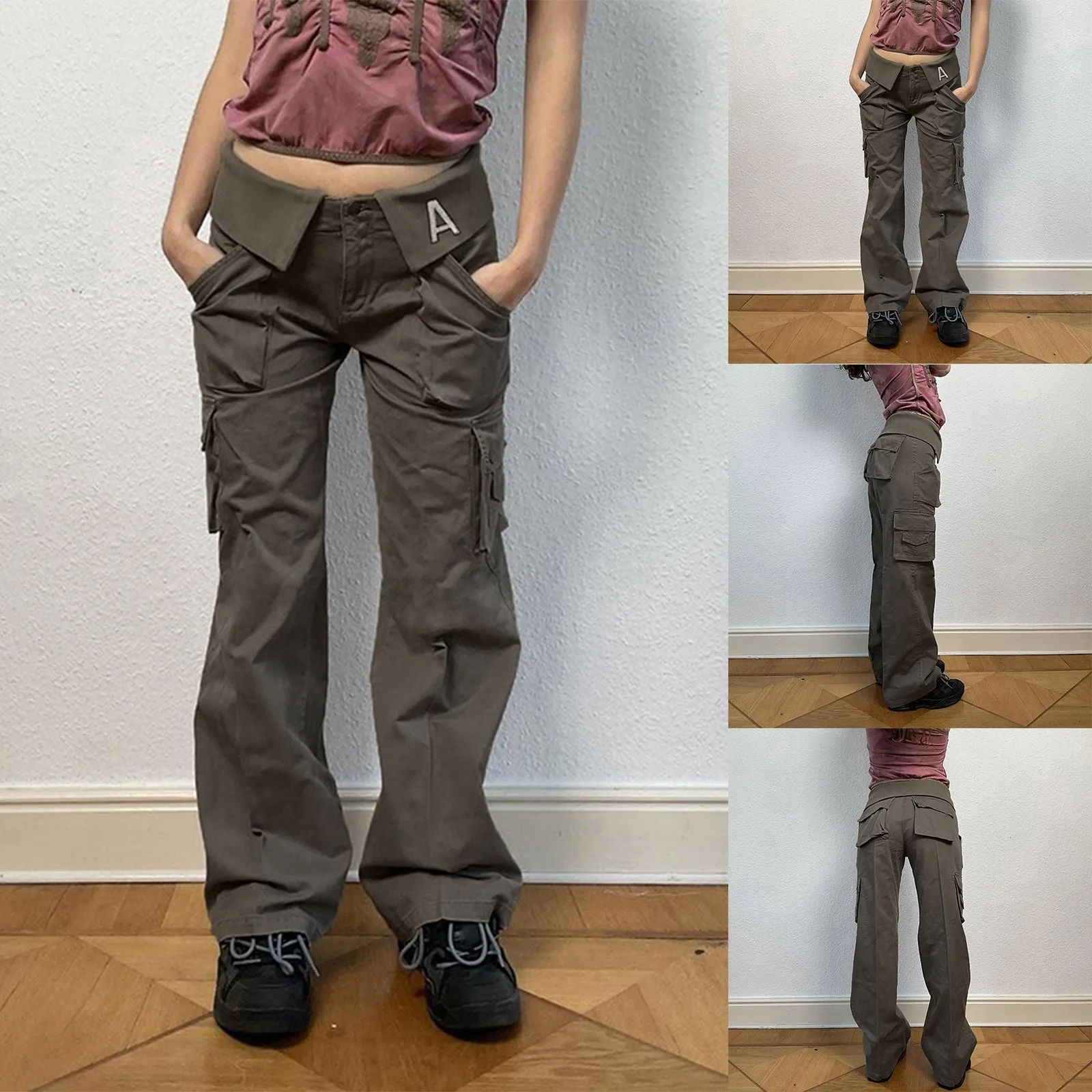 

Women's Fashion Pocket Flap Head Embroidered Jeans Retro Solid Color Low Waist Casual Jogging Cargo Pants Harajuku Loose Pants