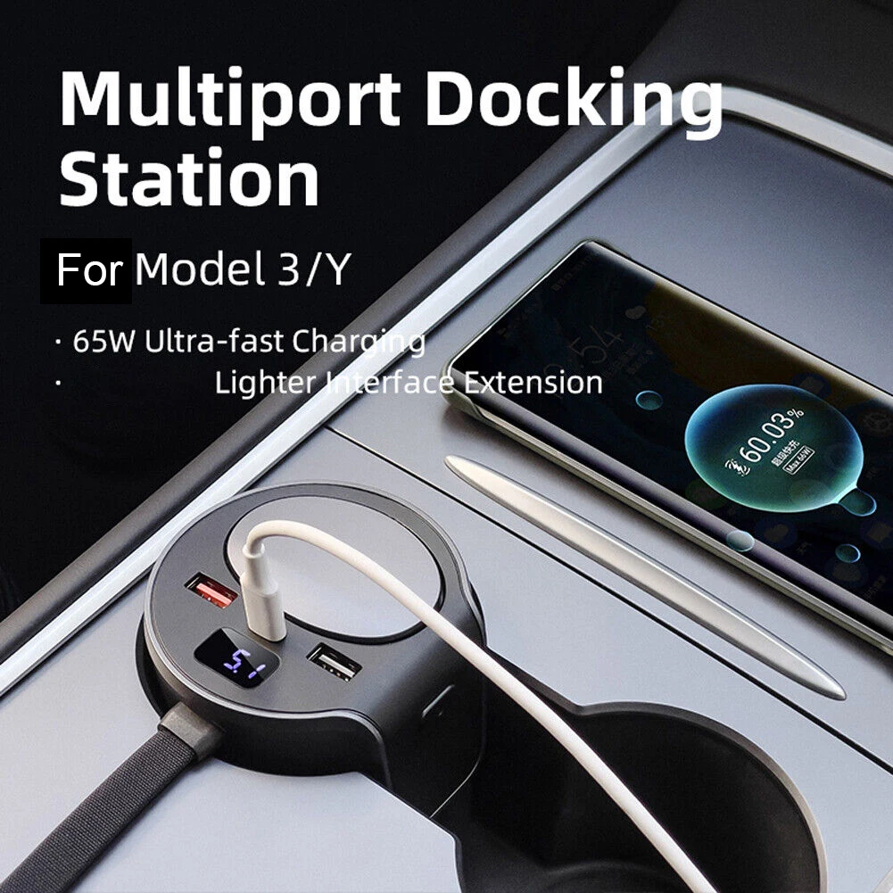 

Electric Vehicle Docking Station Car USB Hub Expansion Dock USB Splitter 65W Fast Charge Water Cup Positions For Tesla Model3/Y