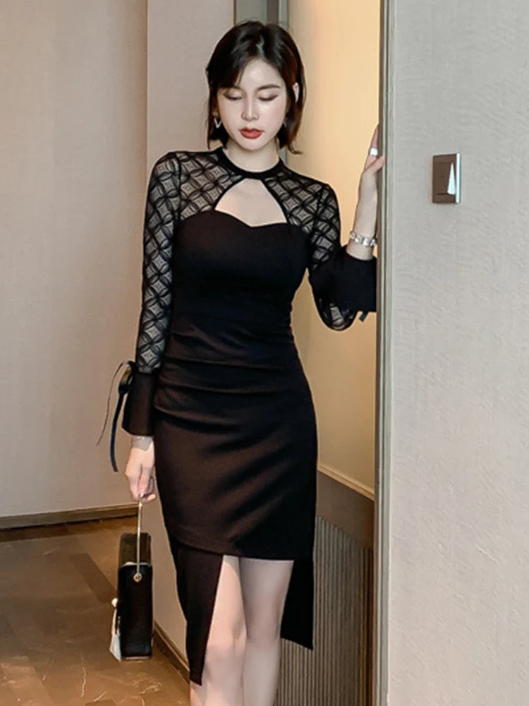 

Женское асимметричное платье-миди, весеннее черное кружевное платье с глубоким вырезом, асимметричным запахом и Расклешенным рукавом