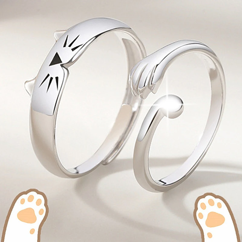 

Creative Cartoon Animal Embrace Ring New Cute Silver Cat Couple Rings Opening Adjustable Wedding Jewelry Gift for Men and Women