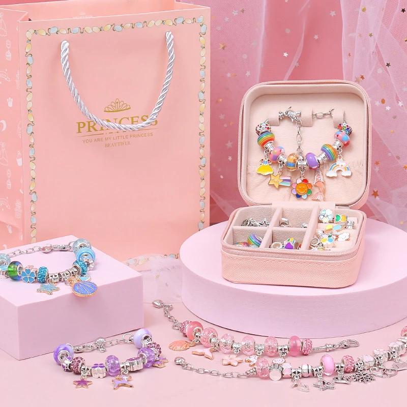

Fit Pandora Charms Bracelet Set Pink Leather Bag Girl DIY Colors Beads Accessories Handmade Jewelry Making Kit for Kids Gift Box
