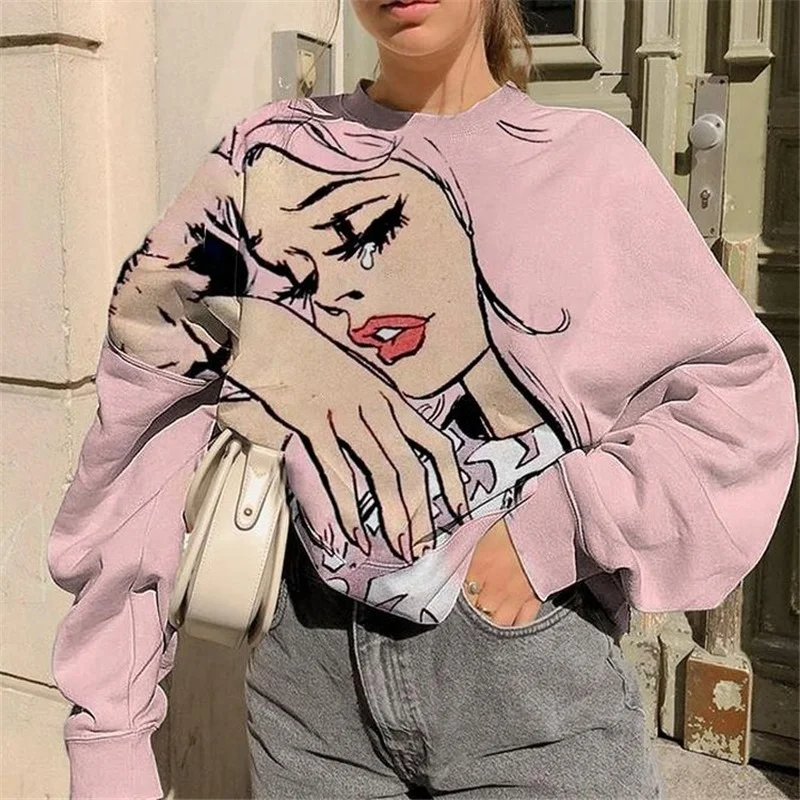 

Spring Autumn Fashion Indie Pullovers Urban Women Cartoon Print Long-sleeved O-Neck Sweatshirts Plus Size 3 Colors Loose Jumper