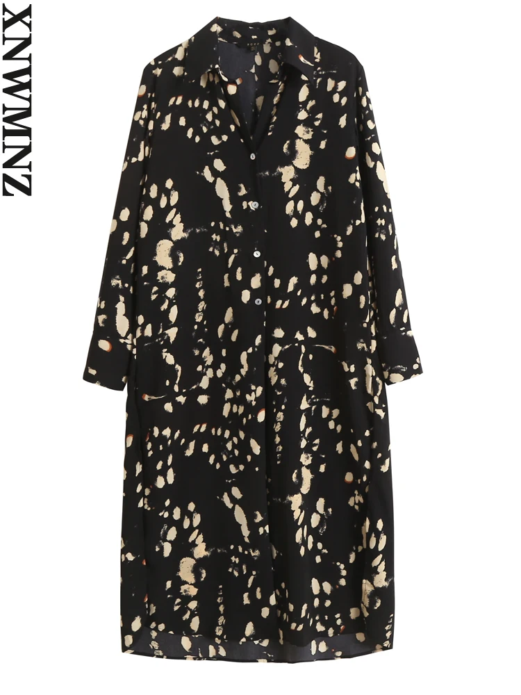 

XNWMNZ Women's Fashion Slim Print Shirt Dress Women Retro Long Sleeve Elegant Long Dresse Summer Autumn New Robe