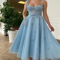 2022 A-Line Short Evening Dresses chic Light Sky Blue Prom Dresses Puff Sleeves Tulle Ankle Length Party Dress