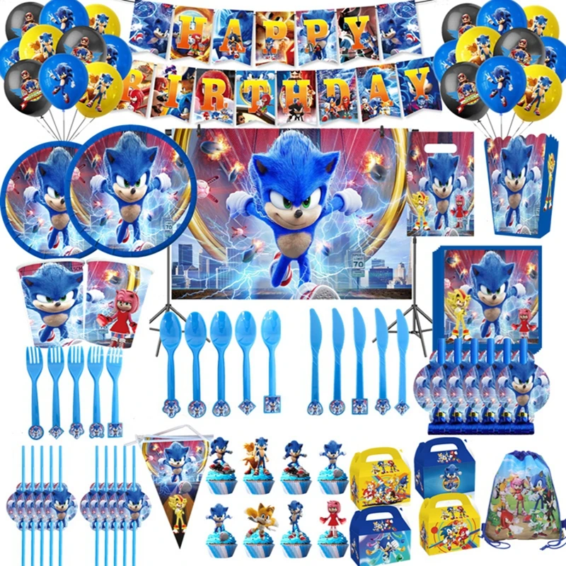 

Bandai New Sonic Party Supplies Boys Birthday Party Disposable Tableware Set Paper Plate Cup Napkins Baby Shower Decorations