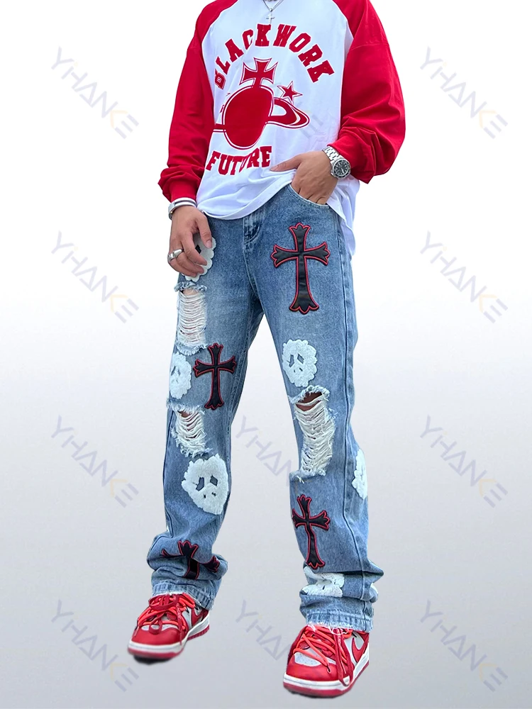 

Джинсы с вышивкой в американском стиле для мужчин и женщин, свободные прямые повседневные штаны в стиле ретро, для тяжелой промышленности