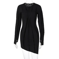 asymmetric black bodycon dresses for women clothes 2022 fashion sexy ribbed knitted long sleeve mini dress c95 cb31