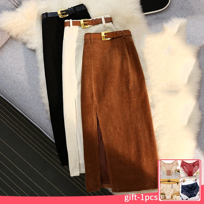 

Vintage Women's Skirt With Side Slit Midi Skirts A-line Hight Waist Sashes Elegant Long Skirts Korean Fashion Corduroy Skirt