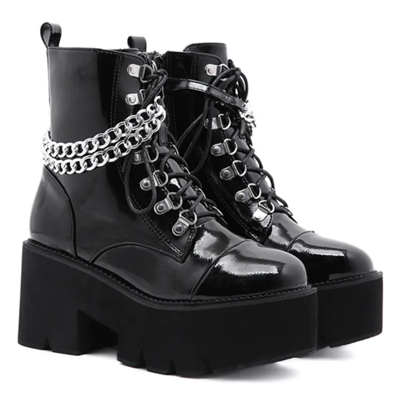

Gothic Metal Chain Punk Style Women's Ankle Boots Autumn Winter Handmade Platform Female Boots Casual High Heel Ladies Shoes New