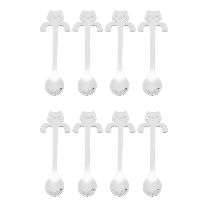 

Cute Cat Shape Cafe, Tea, Sugar And Cake 8 X Stainless Steel Spoons (Silver)