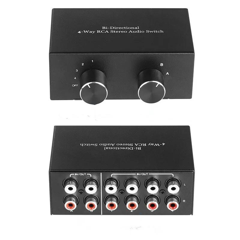 

4 Way RCA Stereo Audio Switch Bi-Directional Selector 4x2 2x4 L/R Sound Channel Audio Switcher Splitter with OFF Button