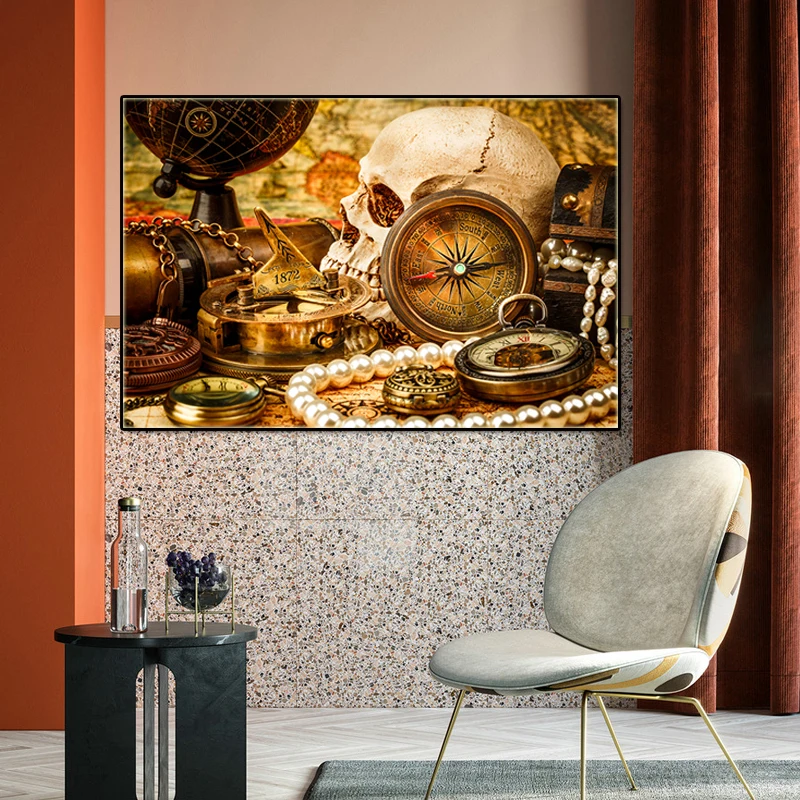 1872 золотая ретро-Картина на холсте с компасом и глобусом средневековая морская