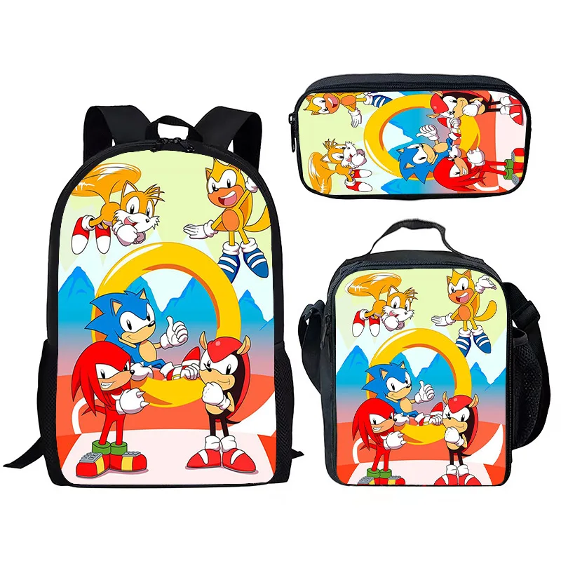 

New Sonic Sonic Schoolbag Three-piece Primary School Student Anime Backpack Lunch Bag Pencil Case Three-piece Birthday Gift