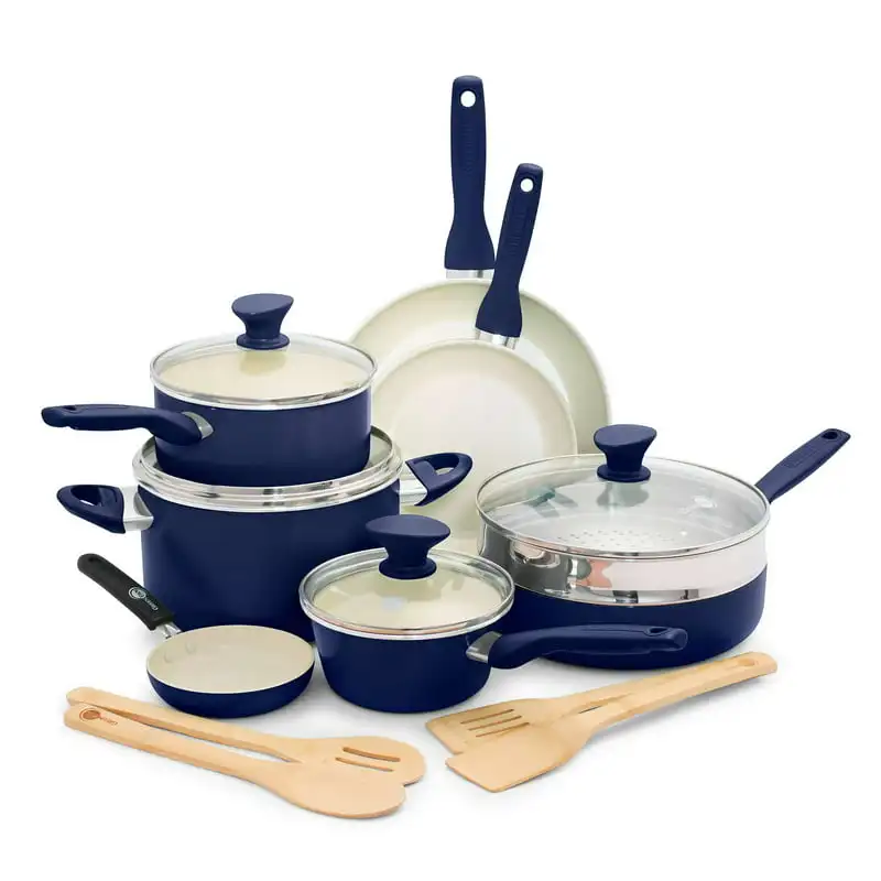 

Rio Healthy Ceramic Nonstick 16pc Cookware Set, Oxford Blue Cooking Pot Sets for Effortless Cooking