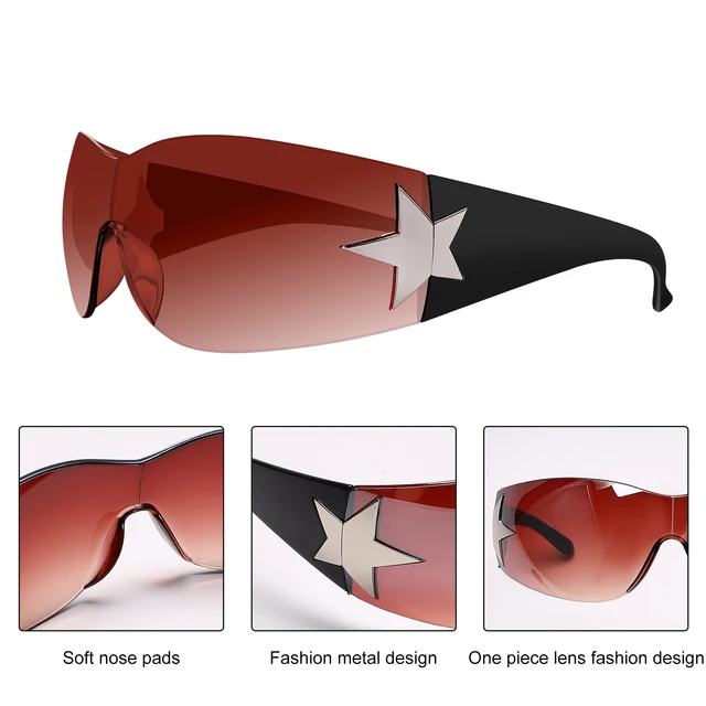 Five-pointed Star Rhinestone Rimless Y2K Sunglasses Women Men Trendy 2023'S Wrap Around Sun Glasses Punk One Piece Goggles 6
