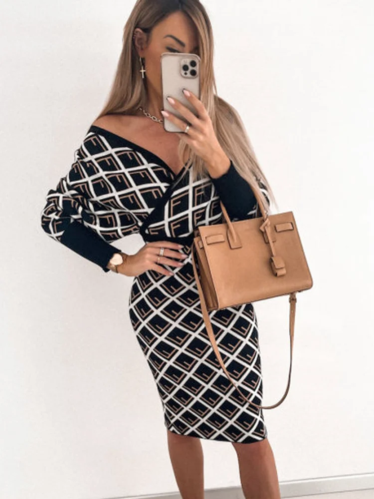 

Off Shoulder Dress 2022 Womens Fashion Plaid Print Bodycon Dress Autumn Winter Women's Sexy V-neck Knitted Christmas Party Dress