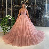 ball gown glitter tulle prom dresses one shoulder sashes women evening party dress tiered pleated formal event gowns