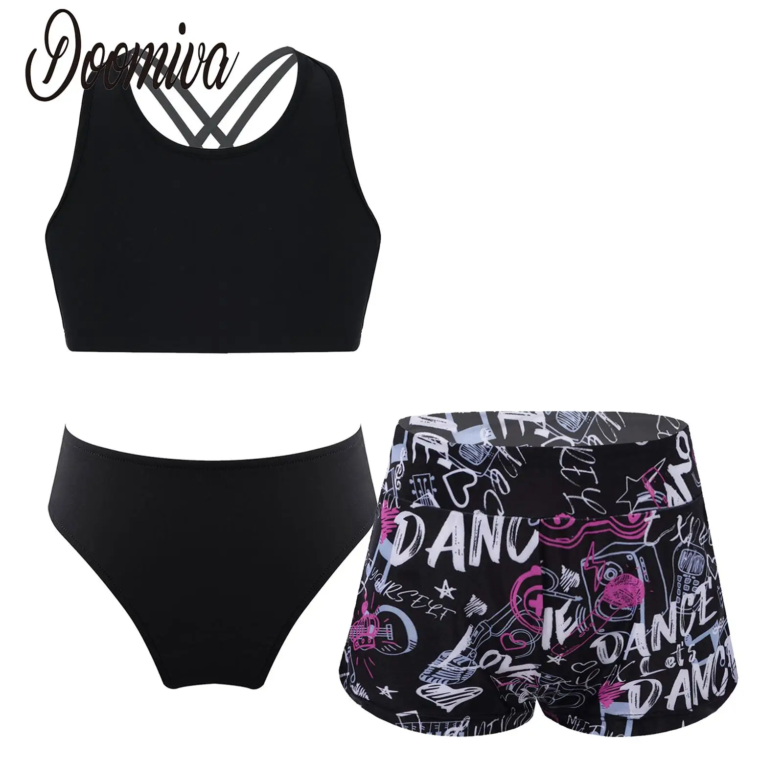 

Kids Girls Tankini Set 3 Piece Black Tank Vest Tops with Bikini Briefs and Print Shorts Summer Swimwear Swimsuits Bathing Suit