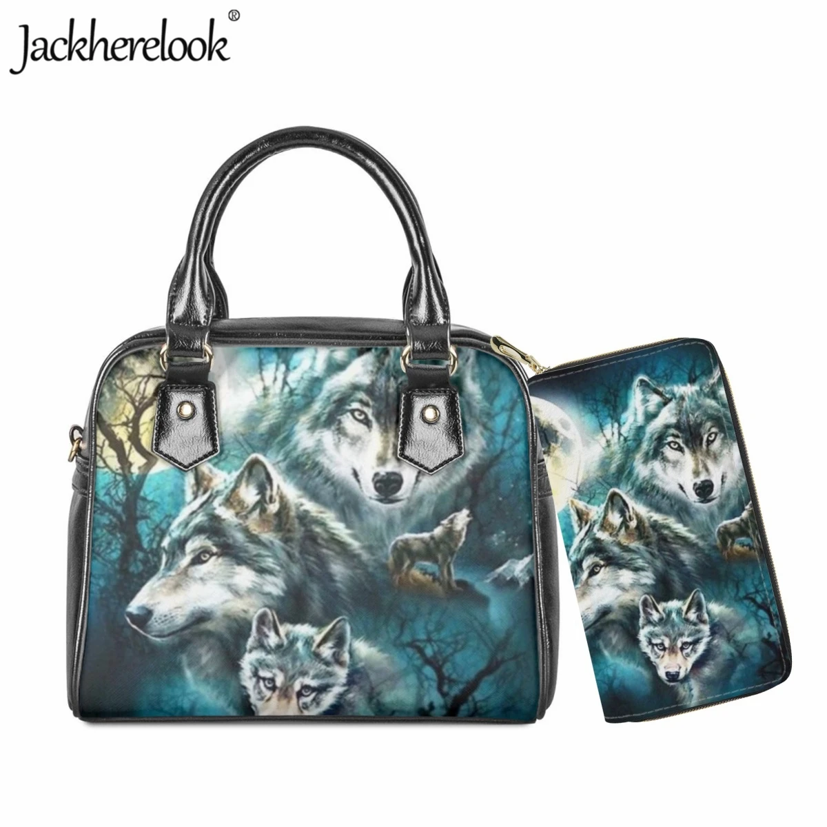 

Jackherelook, сумка через плечо с изображением животного волка для женщин, модная классическая сумка-мессенджер, 2 шт./комплект, ежедневный шоппинг, кожаный кошелек, сумки