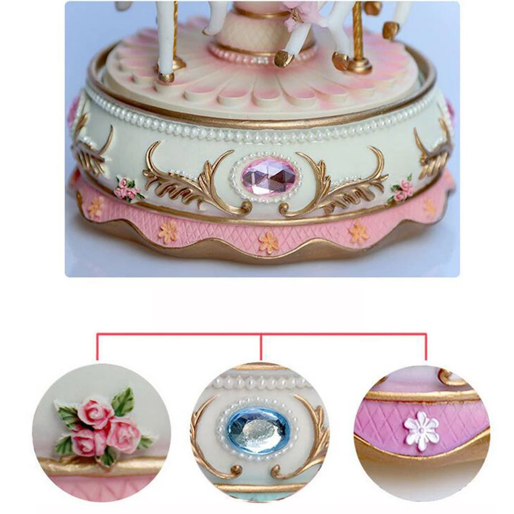 

Kid Birthday Clockwork Mechanism Resin Music Box Wedding Craft Gifts Home LED Light Luxury Carousel Valentine's Day Handwork