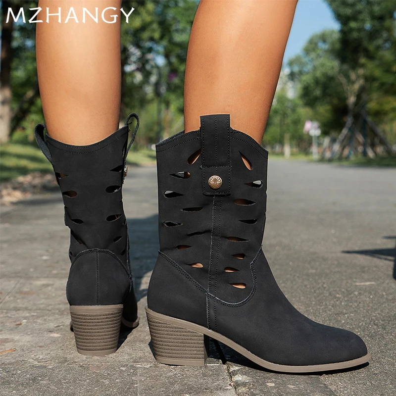 Женские кожаные полые зимние ботинки на среднем каблуке туфли до середины икры