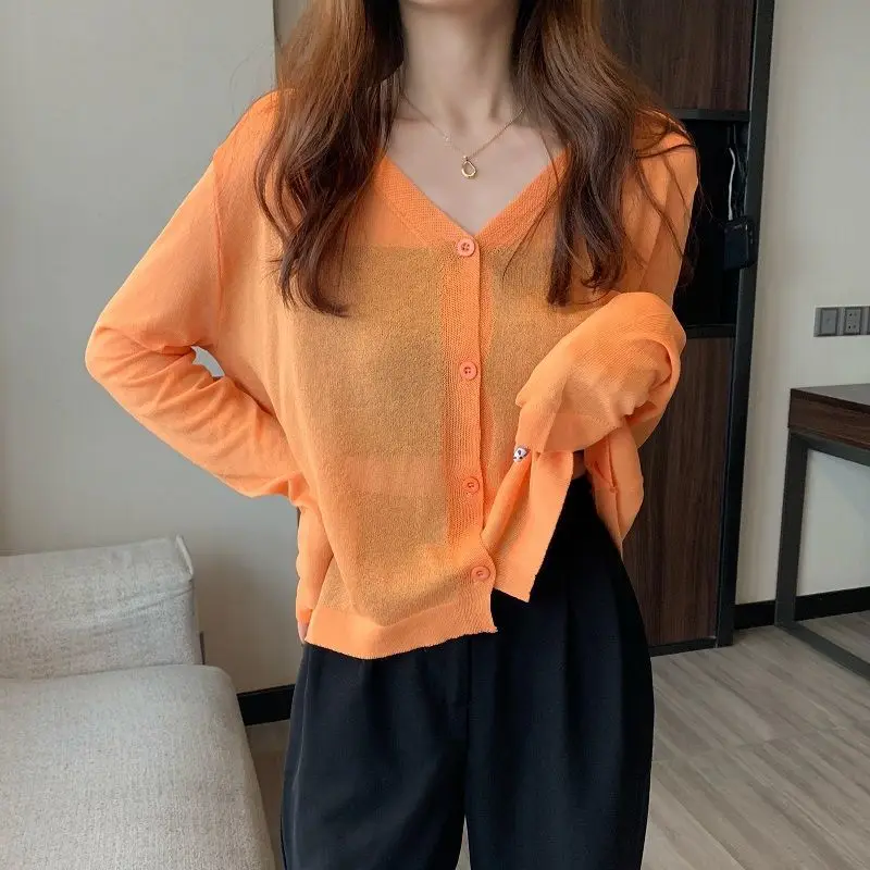 

2022 New Cardigan Women Long Sleeve Cardigan Summer Cropped Cardigan Knitted V neck Thin Sweaters Sunscreen Shirt orange