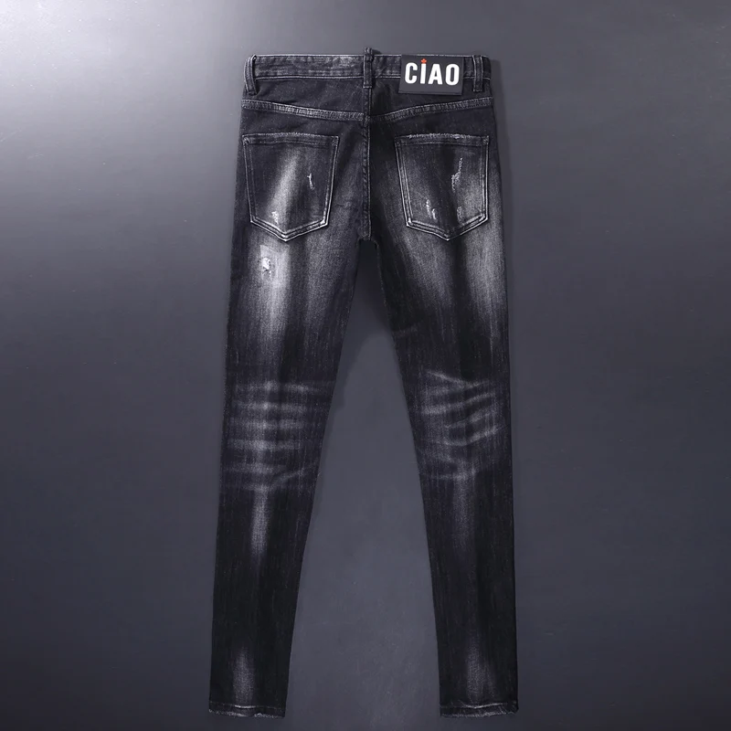 High Street Fashion Men Jeans Retro Black Gray Elastic Slim Fit Ripped Jeans Men Vintage Designer Trousers Brand Pants Hombre