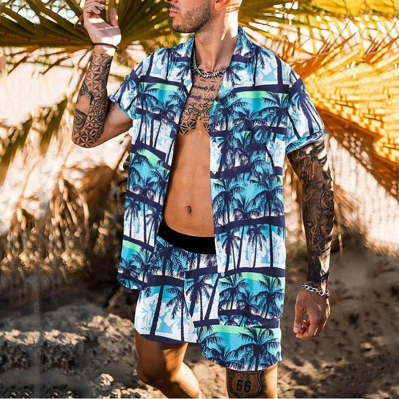 

Комплект Гавайский мужской, рубашка с коротким рукавом, на пуговицах, пляжные шорты, кокосовый принт, повседневный комплект из 2 предметов для поездок, лето