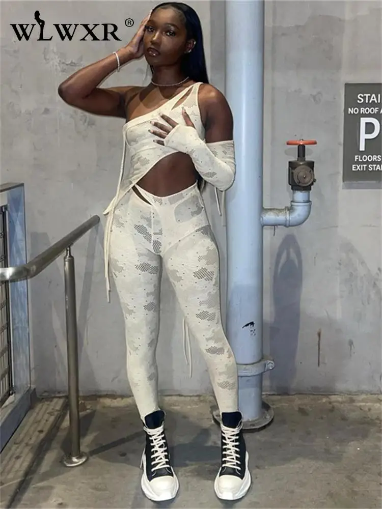 

WLWXR Street Print 2 Two Pieces Sets Summer Outfits Women 2023 Hollow Out One Shoulder Top And Pants Sets Casual Women Clothing