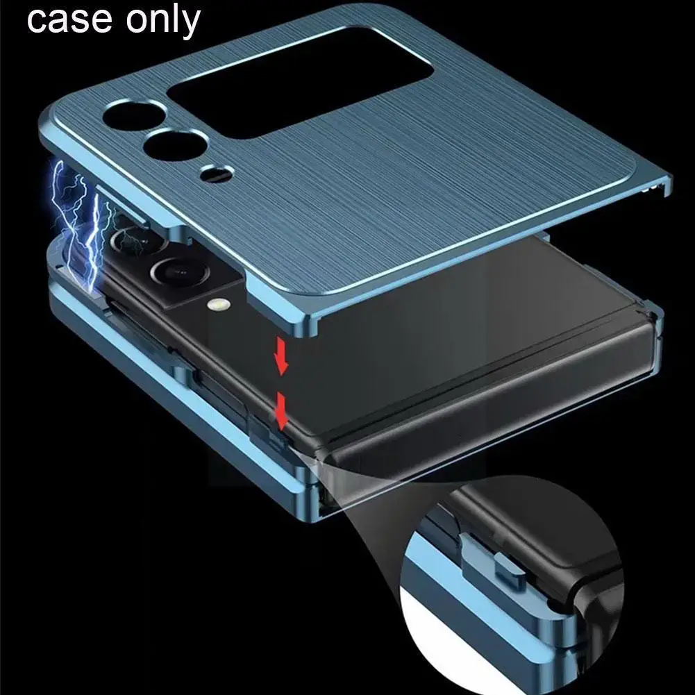 

Magnetic Brushed Metal Phone For Z Flip 3 5g Aluminum Alloy Frame Buckle Hard Cover For Z Flip3 5g Sm-f J3h6