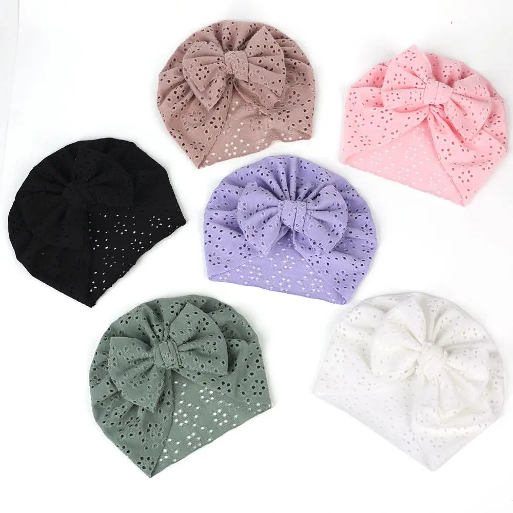 

Breathable Solid Color Mesh Cotton Sweet Autumn Baby Fetal Cap Hair Band Kids Bow Hat Headwear