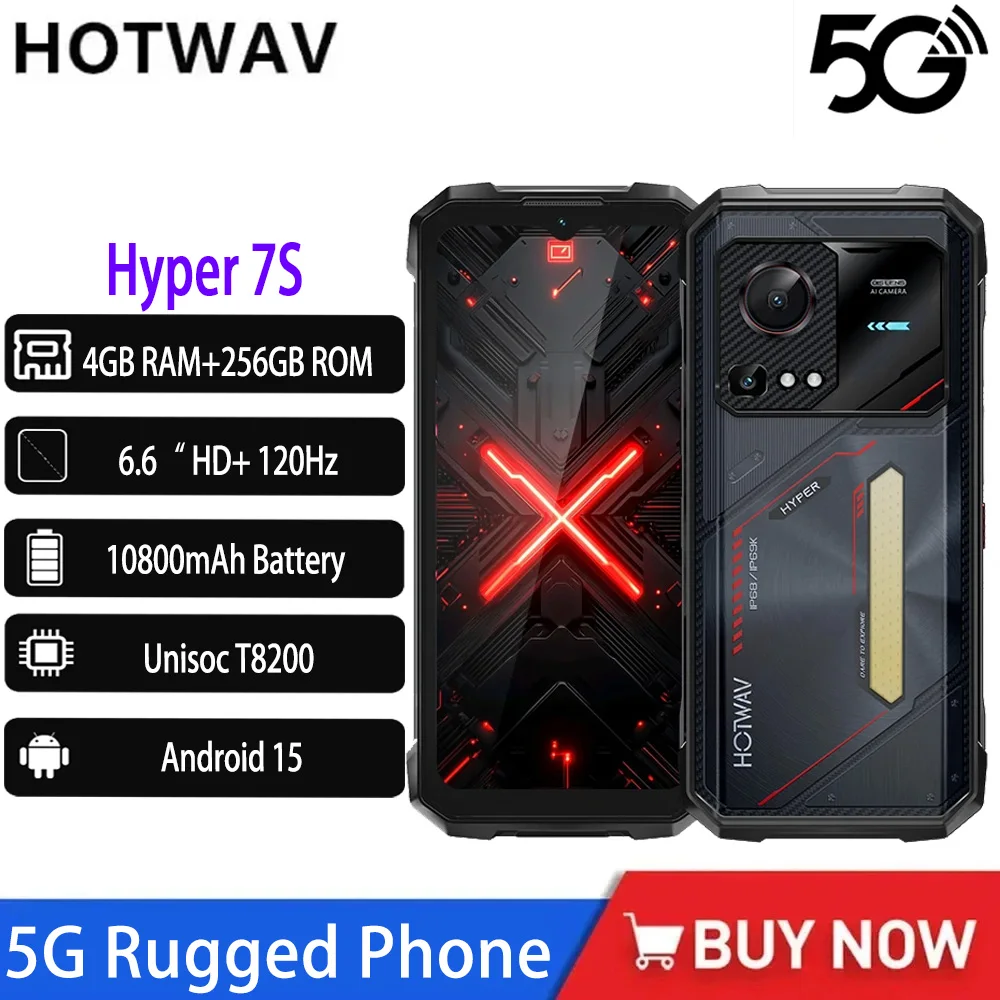 Фото Прочный телефон HOTWAV Hyper 7S 5G 6,6 дюйма HD + 120 Гц 4 ГБ ОЗУ + 256 ГБ ПЗУ Unisoc T8200 IP68/IP69K 10800 мАч 20 Вт Android 15 NFC смартфон №1